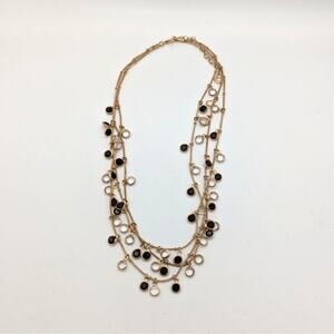 Anne Klein Shaky Stone Three Strand Necklace Gold Plated Enamel Black Clear Gem
